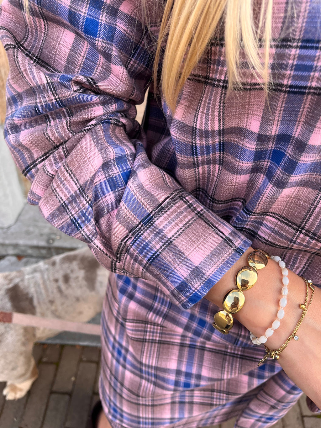 Kaia oversized geruite hemd royal blue/pink - Les Jumelles