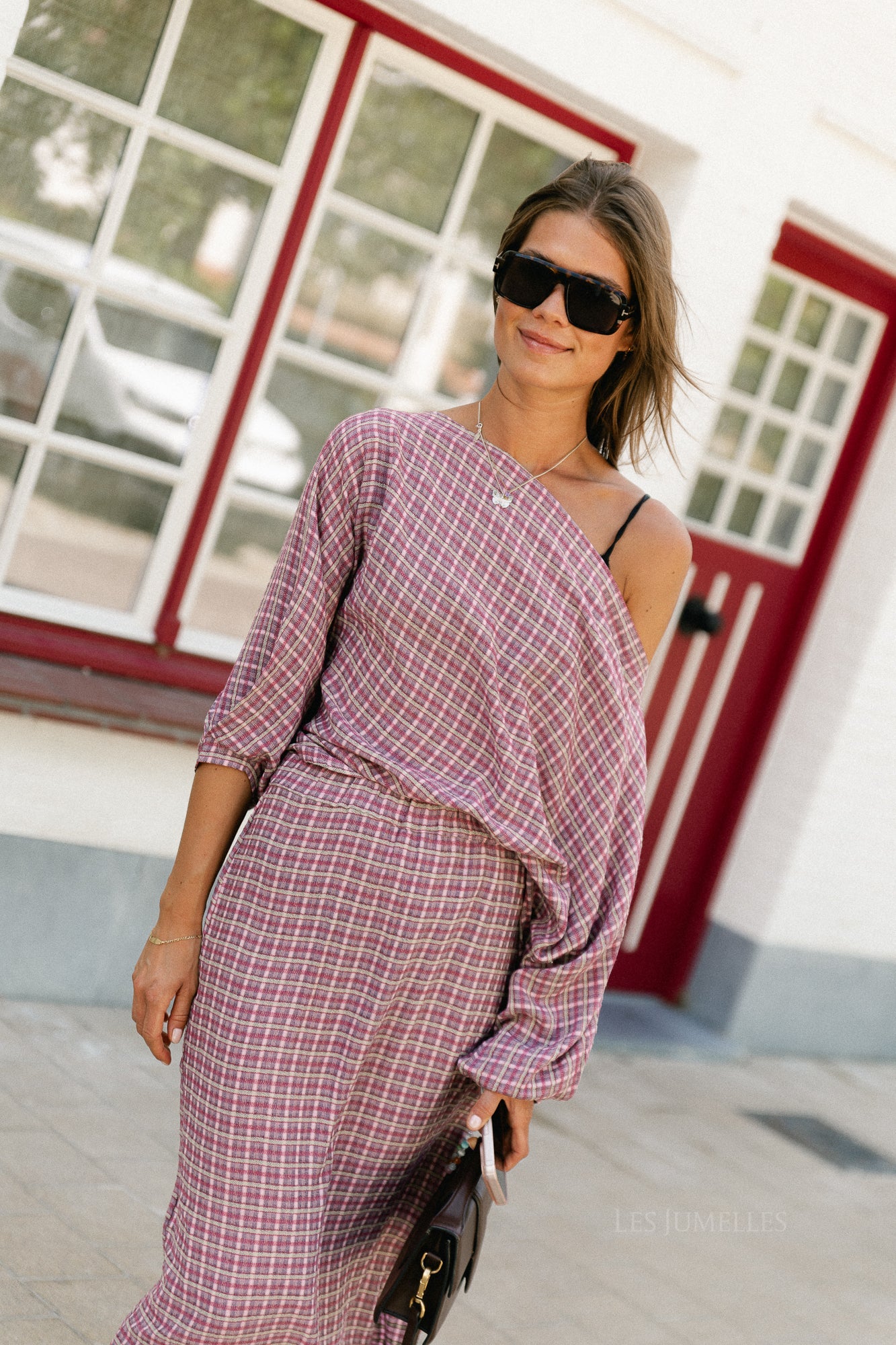 Cosette signature check blouse donker roze - Les Jumelles