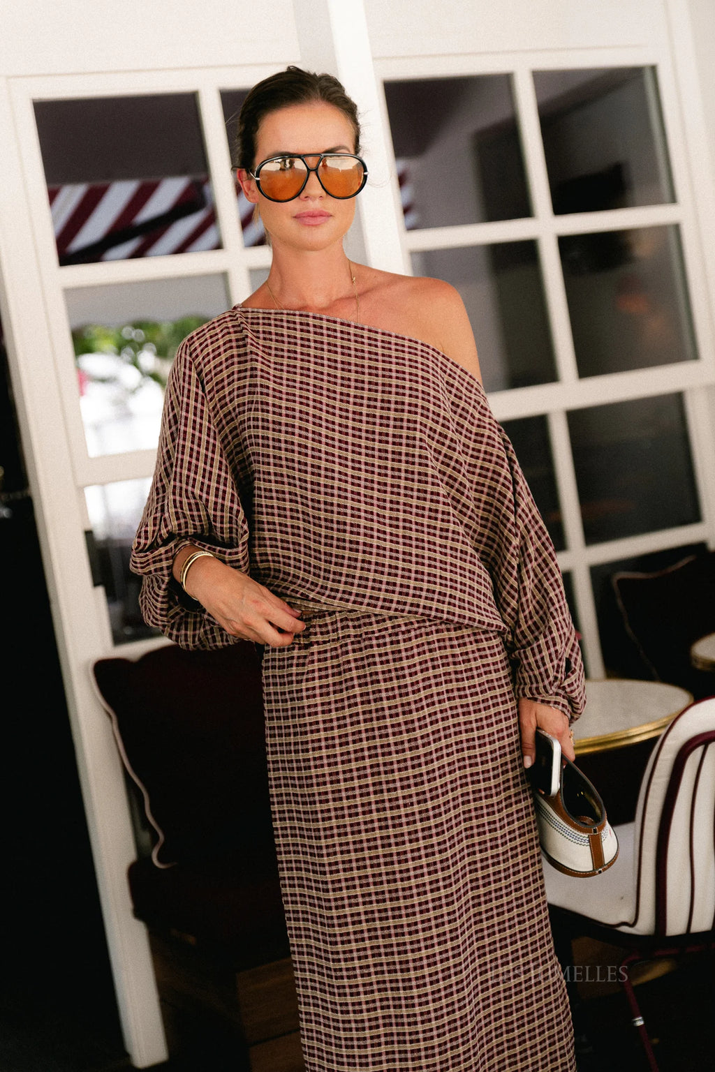 Cosette signature check blouse burgundy - Les Jumelles