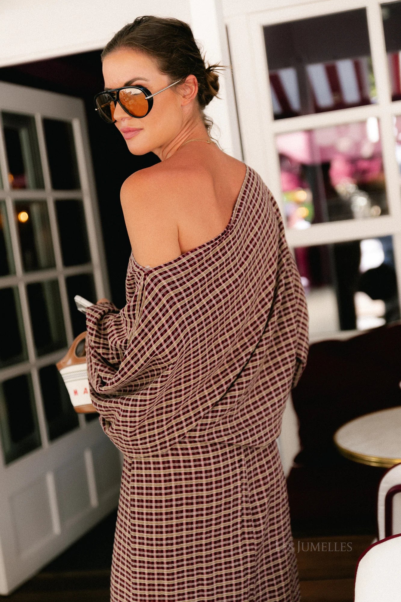 Cosette signature check blouse burgundy - Les Jumelles
