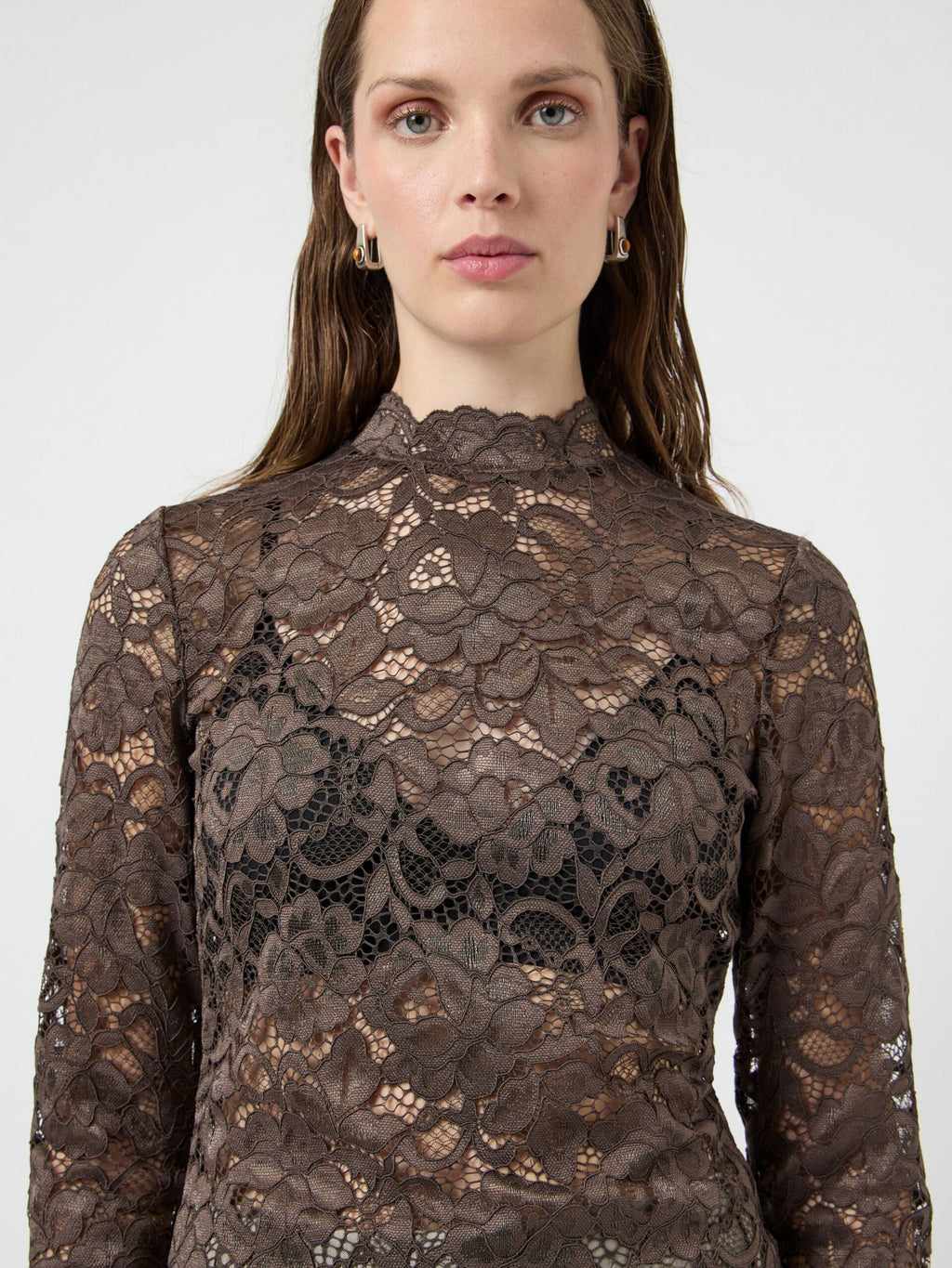 Yaslacey chocolate brown lace blouse - YAS