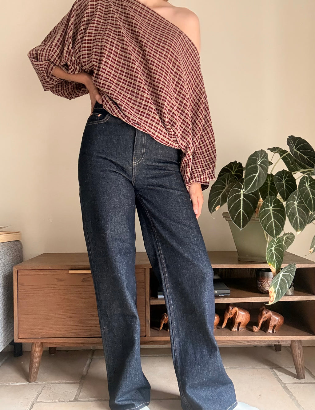 Cosette signature check blouse burgundy - Les Jumelles