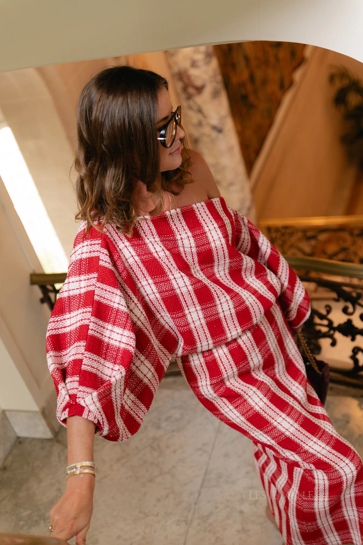 Blouse Cosette à carreaux rouge/écru - Les jumelles