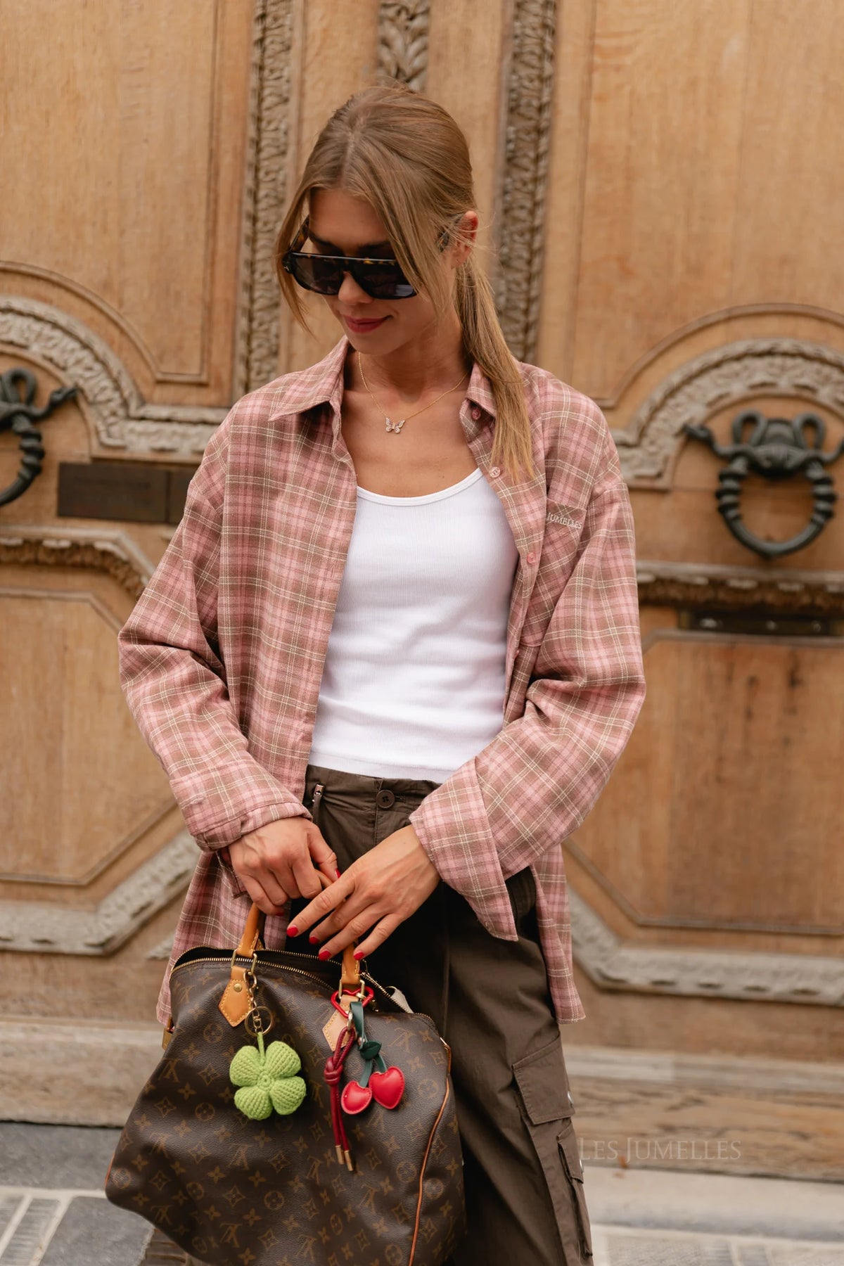 Kaia oversized check hemd pink/latte - Les Jumelles