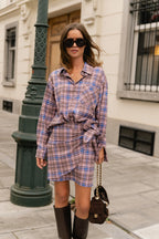 Kaia oversized geruite hemd royal blue/pink - Les Jumelles