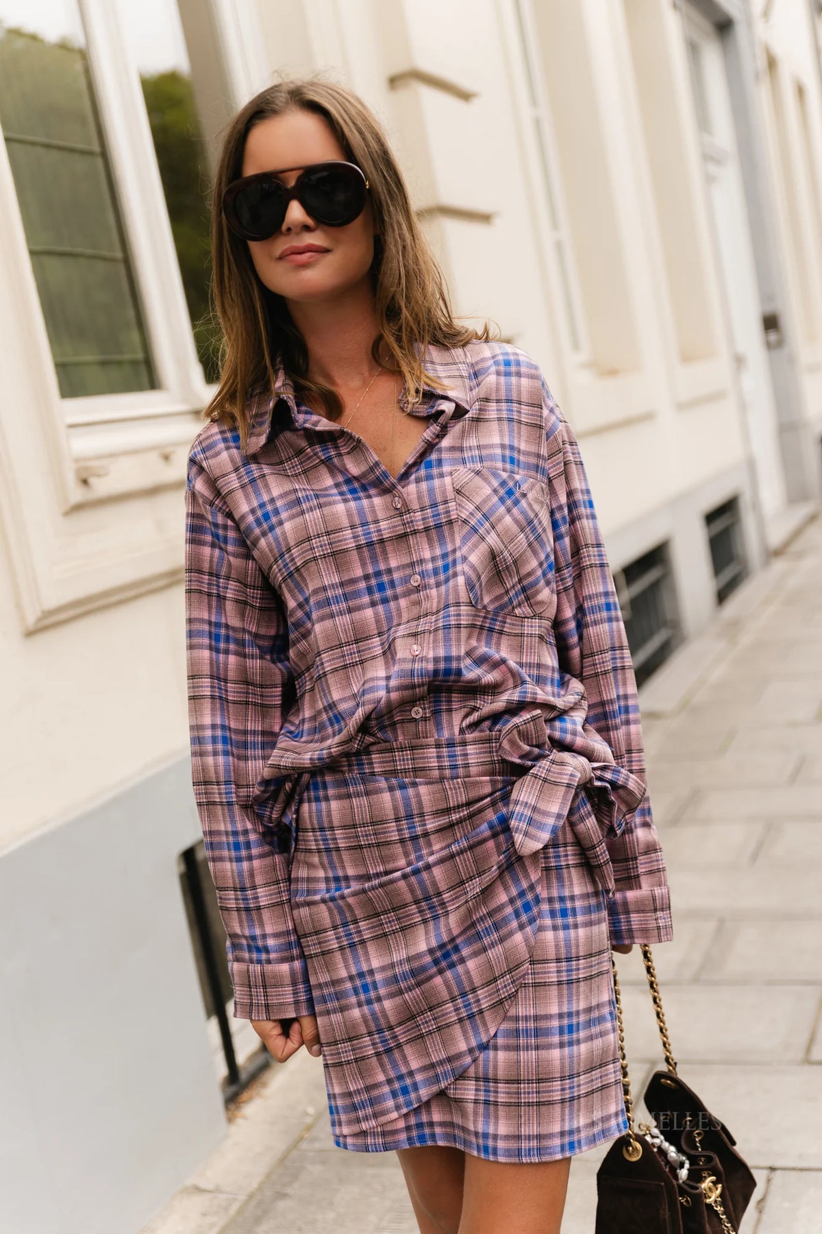 Kaia oversized geruite hemd royal blue/pink - Les Jumelles