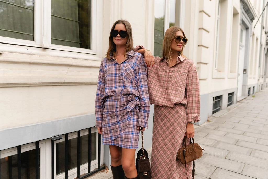 Kaia oversized geruite hemd royal blue/pink - Les Jumelles