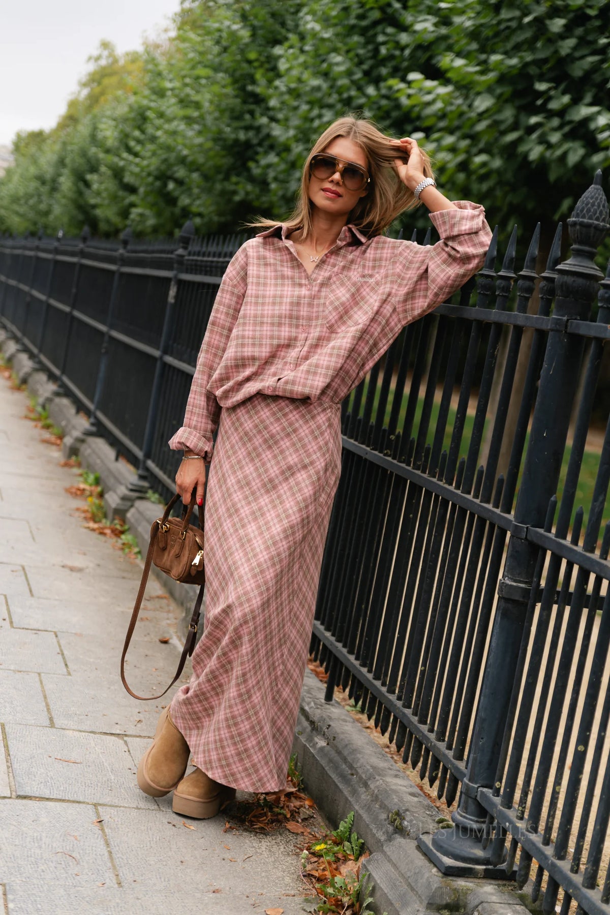 Eliza check maxi rok pink/latte - Les Jumelles