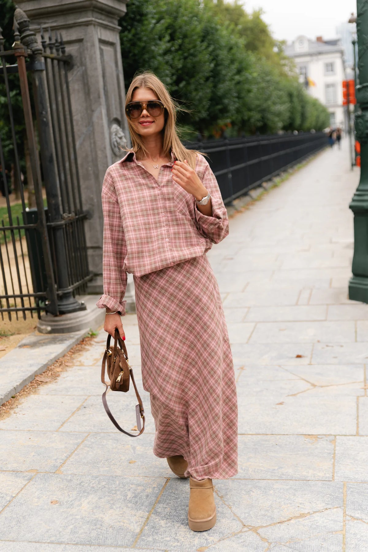 Eliza check maxi rok pink/latte - Les Jumelles