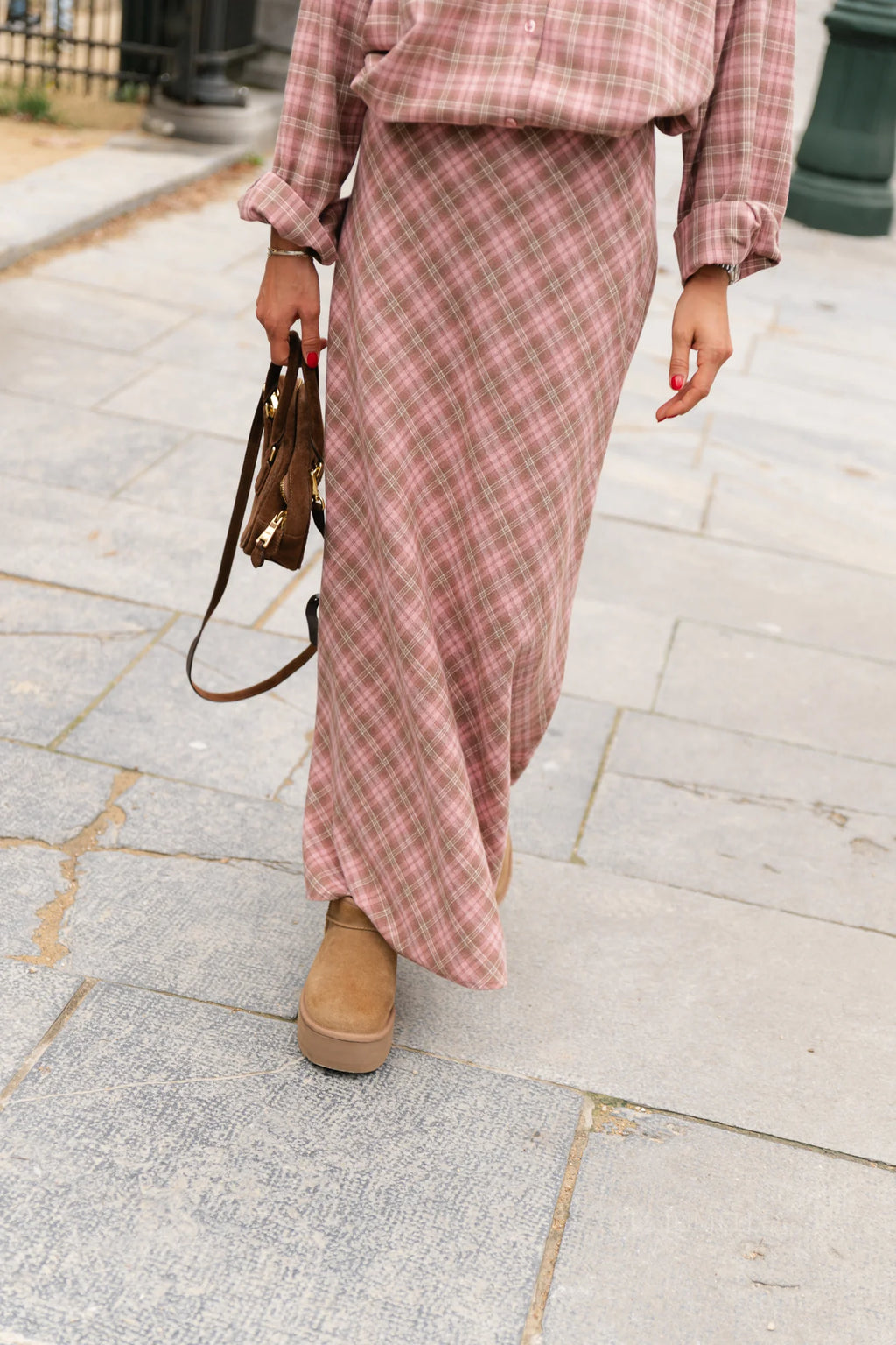 Eliza check maxi rok pink/latte - Les Jumelles