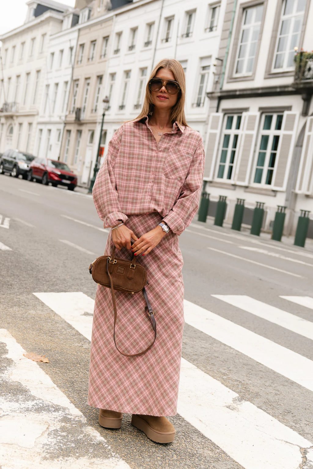 Eliza check maxi rok pink/latte - Les Jumelles