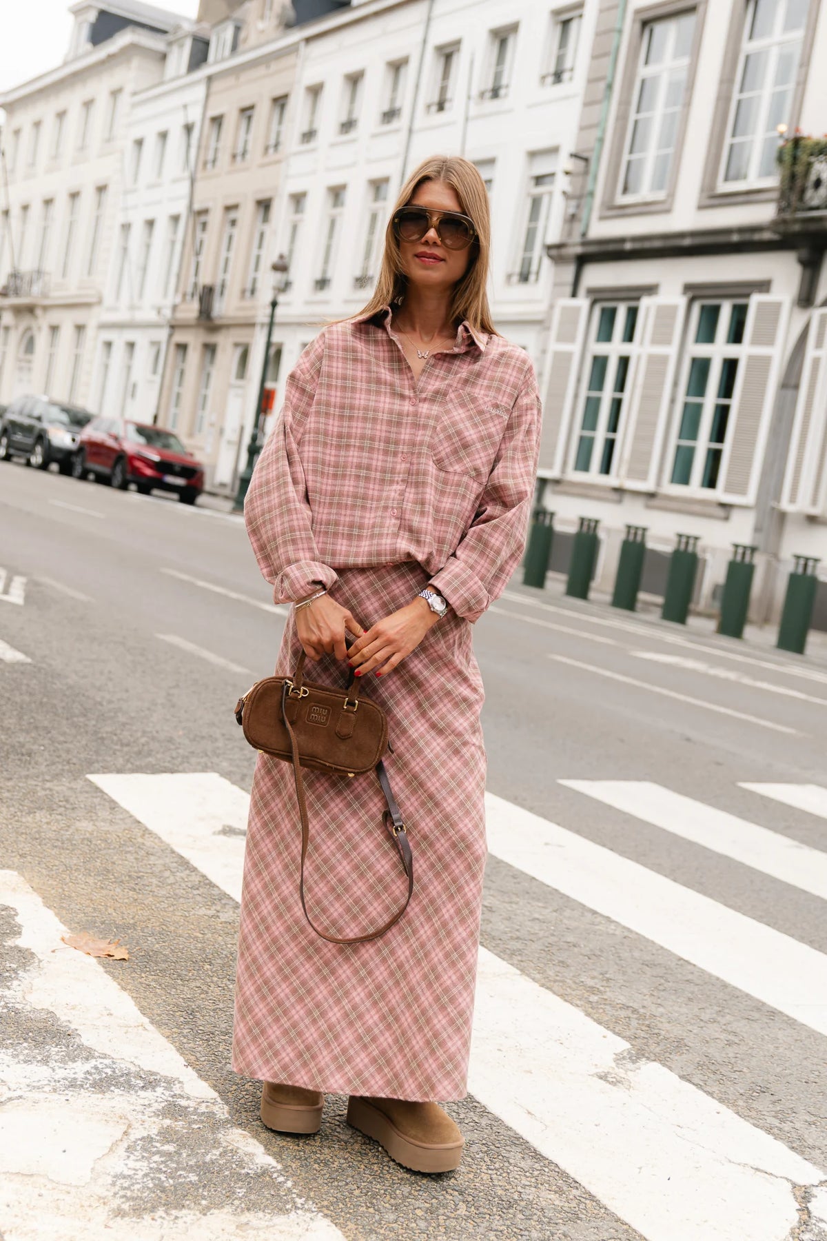 Eliza check maxi rok pink/latte - Les Jumelles