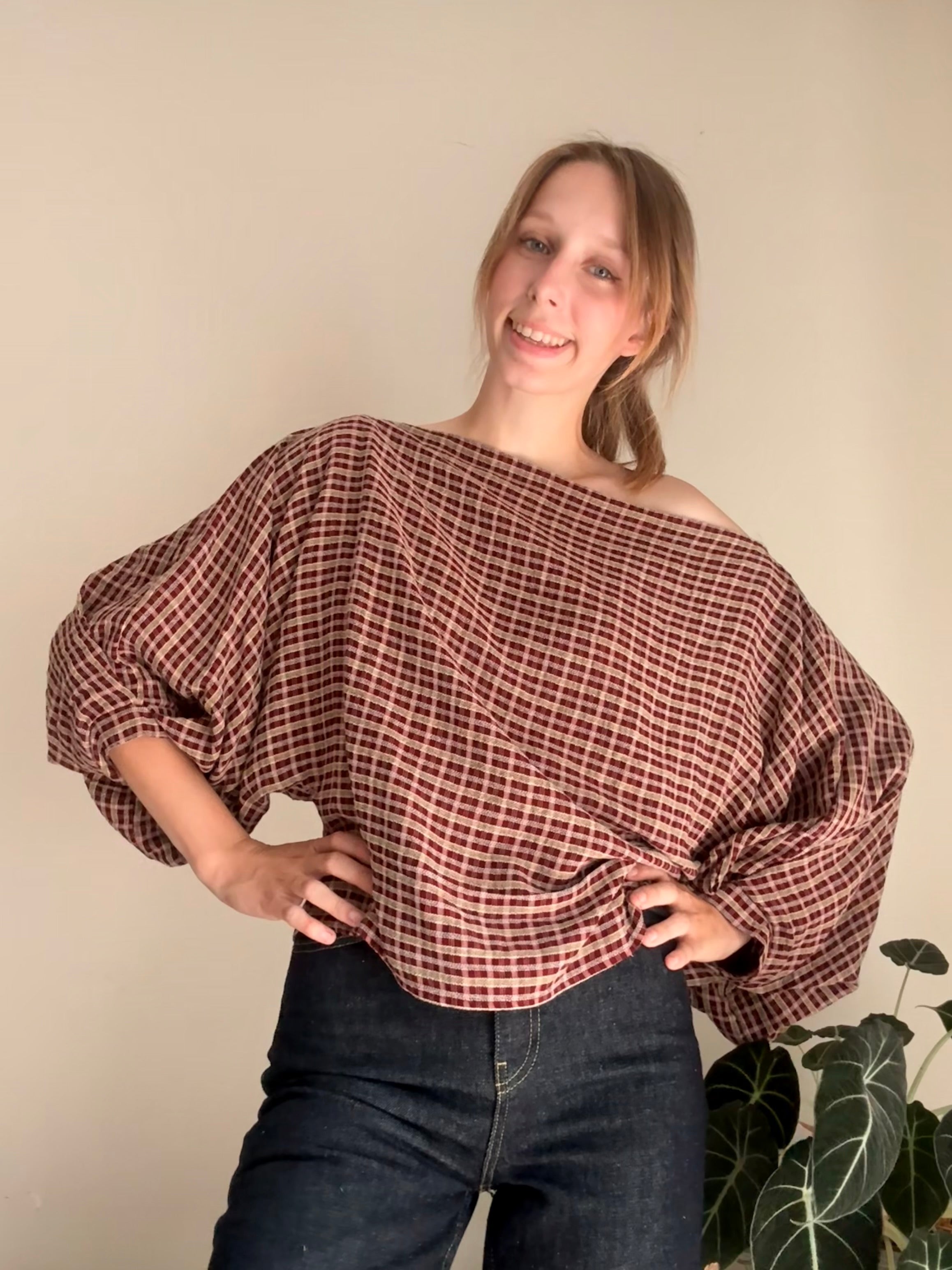 Cosette signature check blouse burgundy - Les Jumelles
