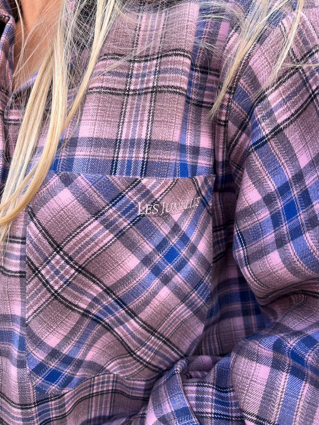 Kaia oversized geruite hemd royal blue/pink - Les Jumelles