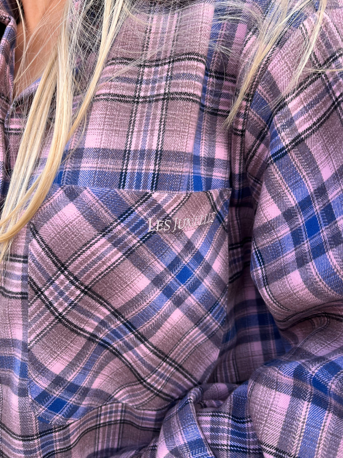 Kaia oversized geruite hemd royal blue/pink - Les Jumelles