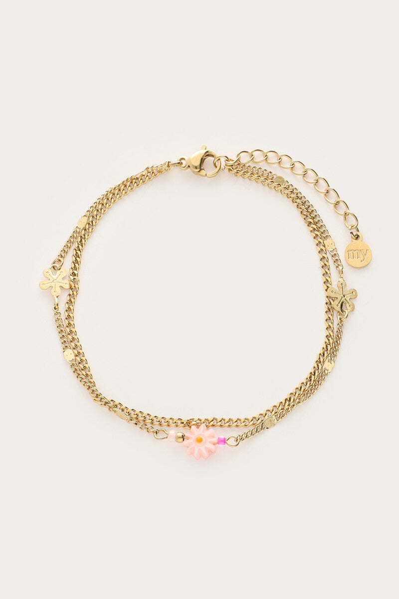 Dubbele armband met roze kleine bloem - My Jewellery