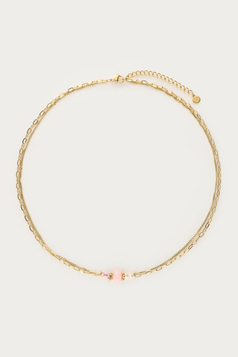 Dubbele ketting met roze steen - My Jewellery
