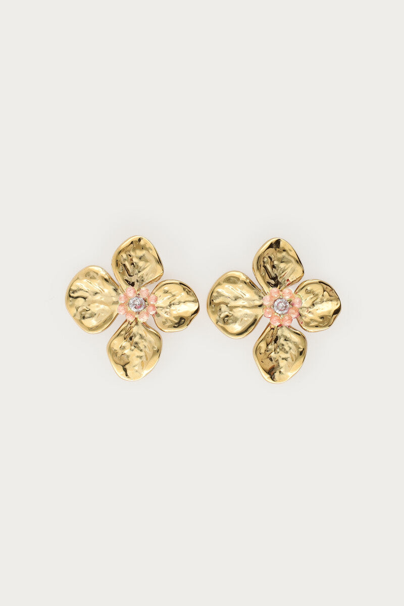 Oorhangers met bloem en beige kralen - My Jewellery