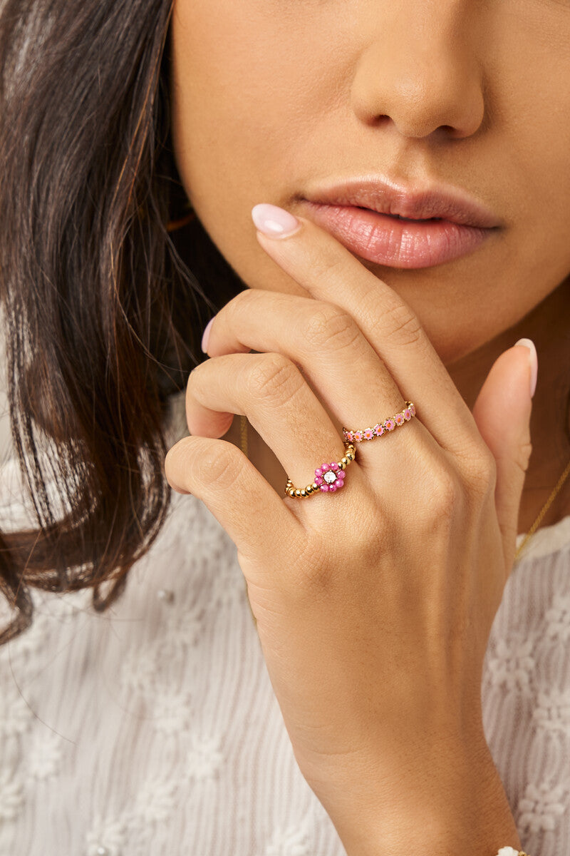 Stretch ring met roze kralen bloem - My Jewellery