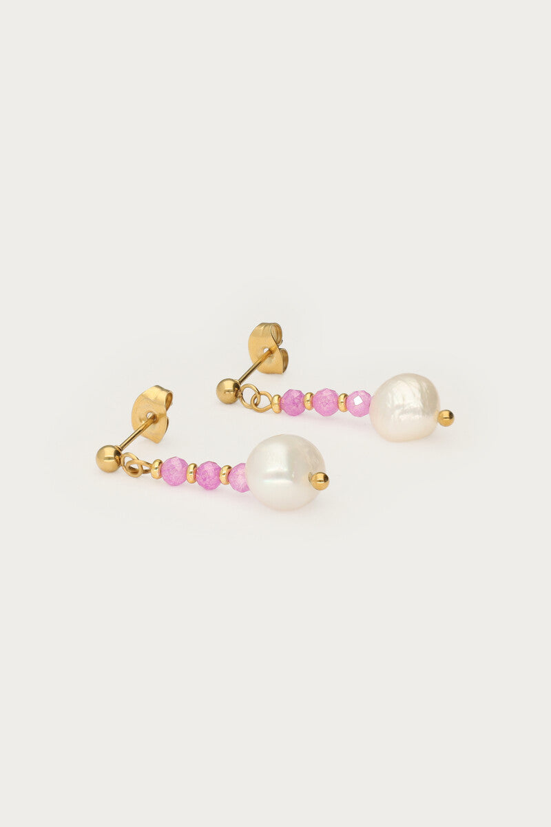 Stud met roze kralen en zoetwaterparels - My Jewellery
