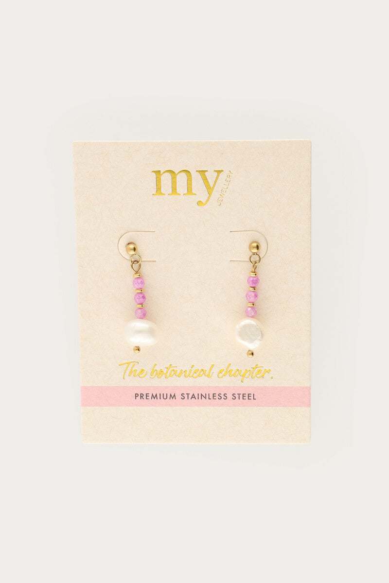 Stud met roze kralen en zoetwaterparels - My Jewellery