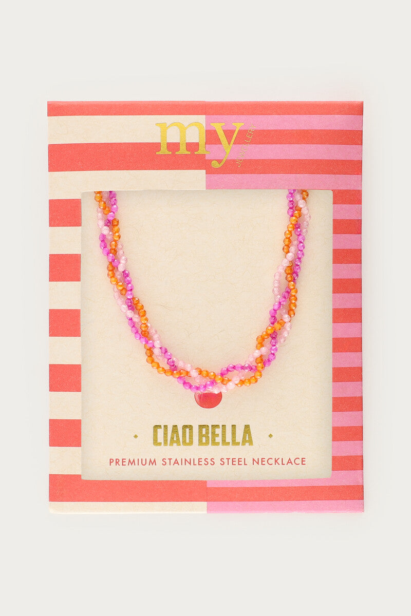 Ciao gevlochten ketting met roze en oranje kralen