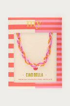 Ciao gevlochten ketting met roze en oranje kralen