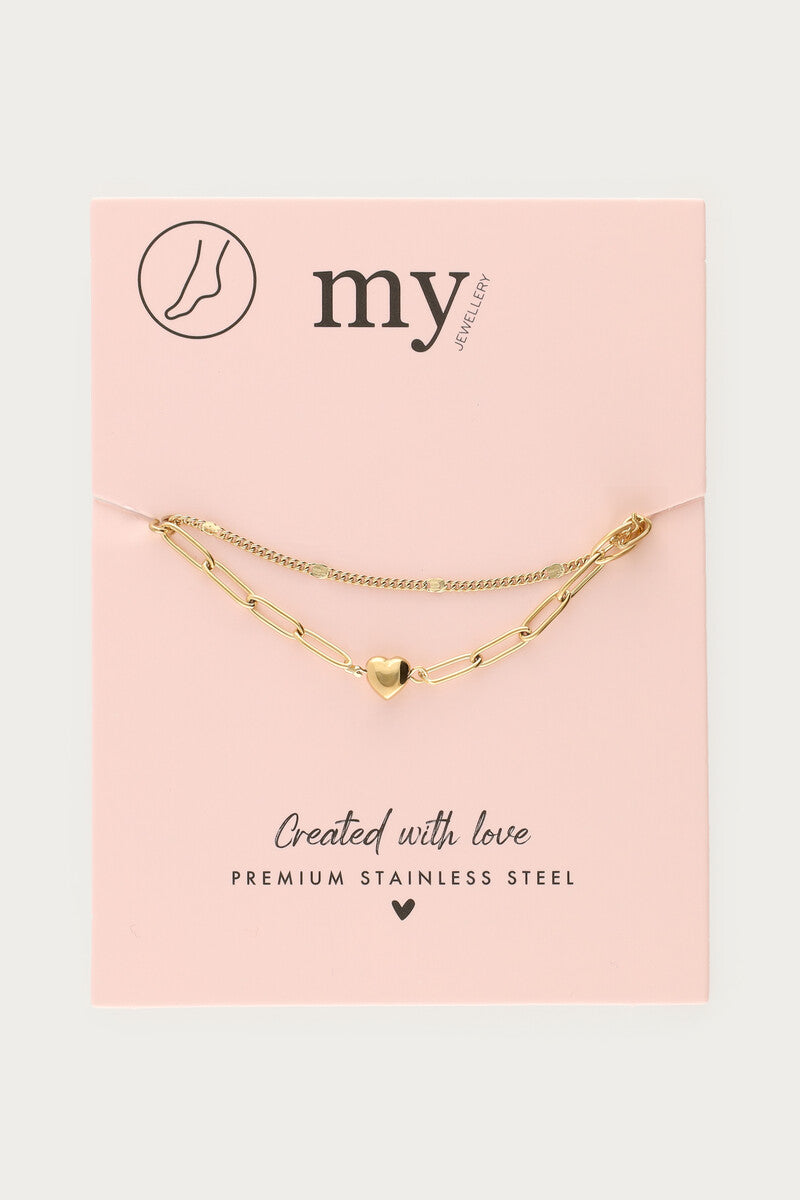 Dubbele enkelband met schakel en hartje - My Jewellery