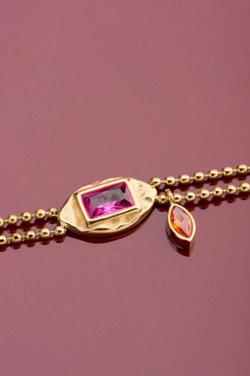 Vintage dubbele armband met roze strass steen - My Jewellery