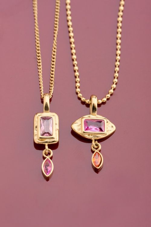 Vintage ketting met vierkante roze strass steen - My Jewellery