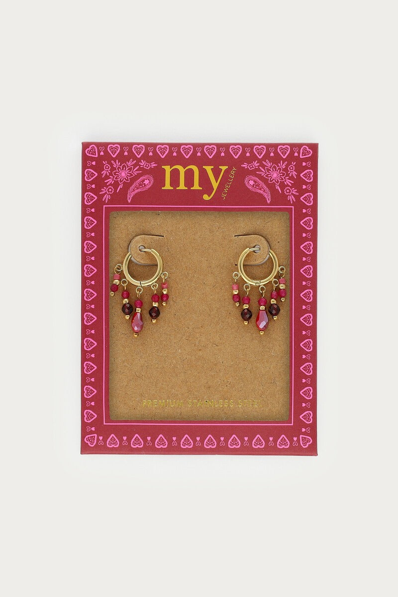 Fortune oorringen met strings en roze kralen - My Jewellery