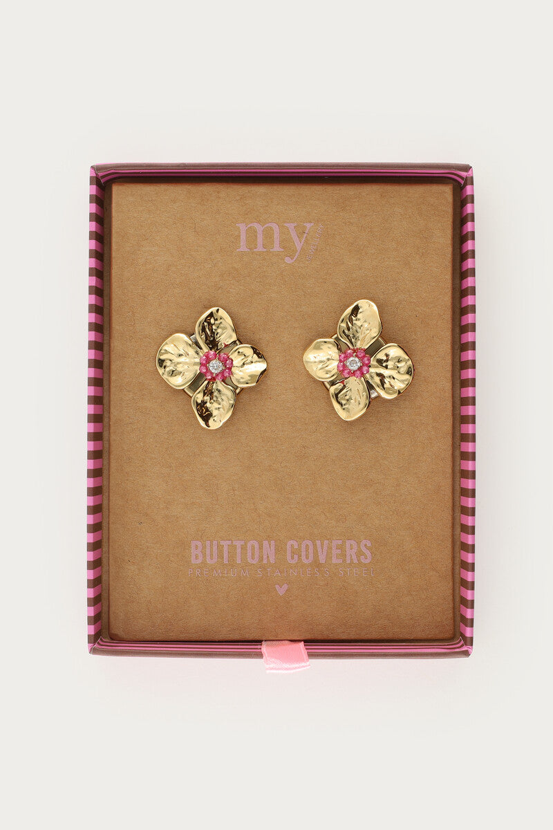 Goudkleurige bloemen met roze kralen knopen set - My Jewellery
