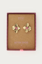 Goudkleurige bloemen met roze kralen knopen set - My Jewellery