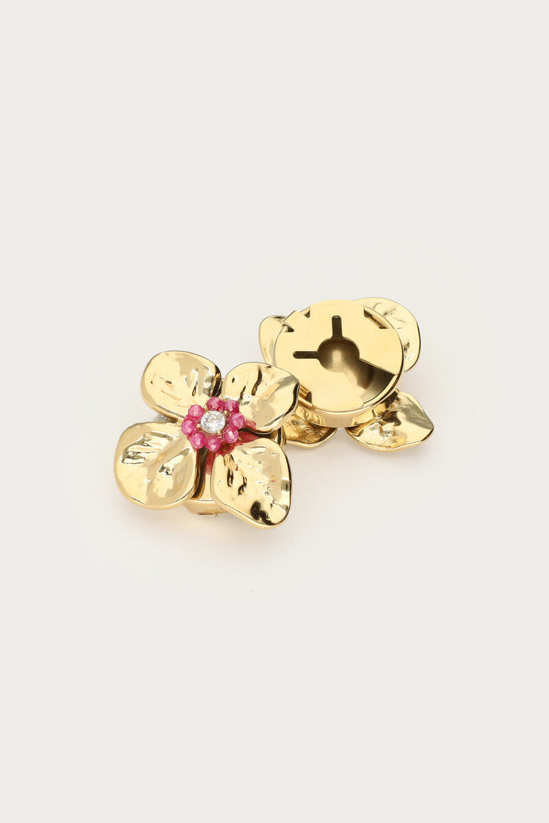 Goudkleurige bloemen met roze kralen knopen set - My Jewellery