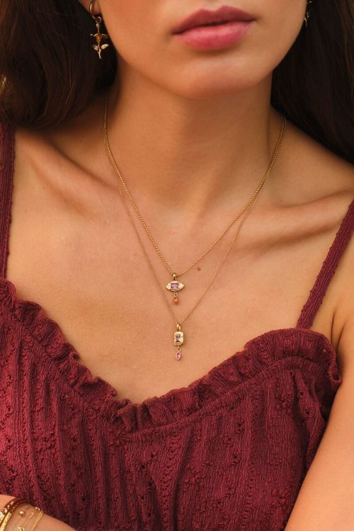 Vintage ketting met vierkante licht roze strass steen - My Jewellery