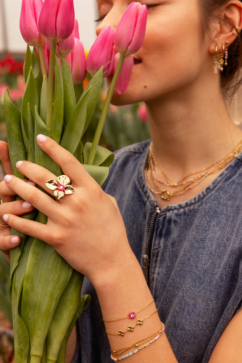 Ring met bloem en roze kralen - My Jewellery