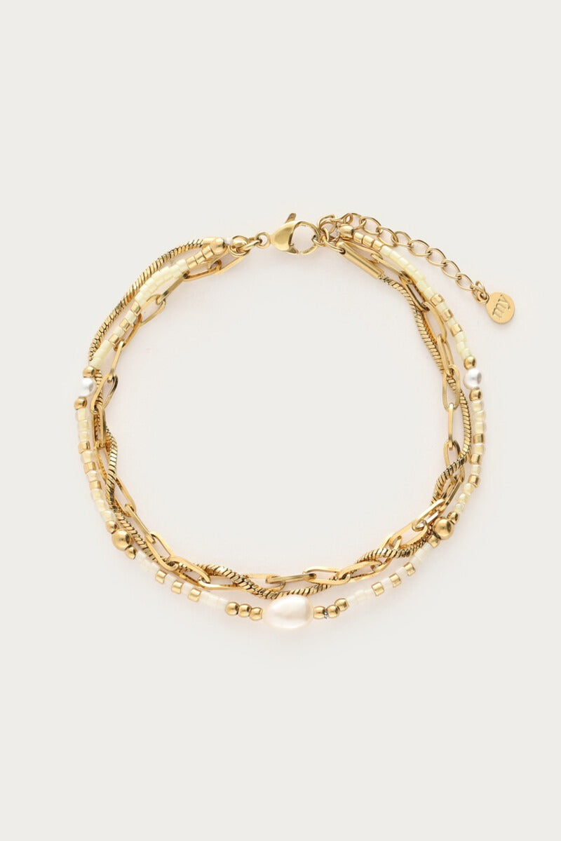 Driedubbele armband met kralen en zoetwaterparel - My Jewellery