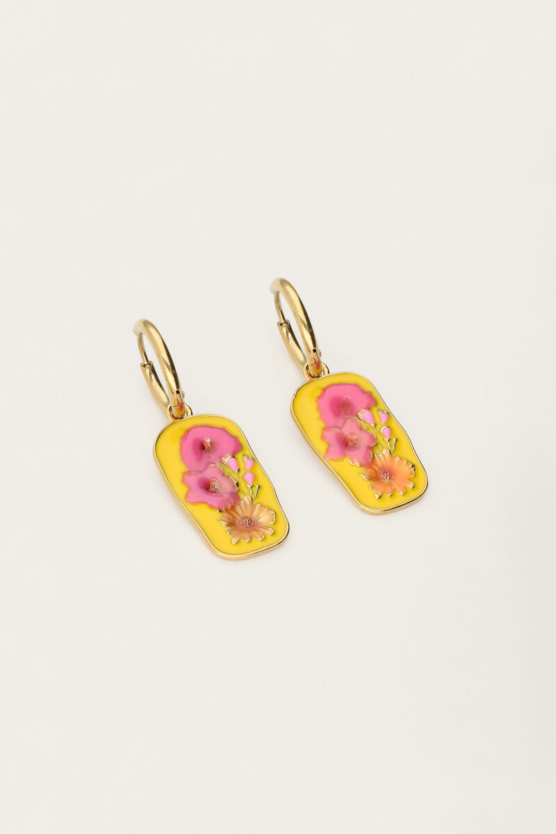 Tropical oorringen met gele bedel en bloemen - My Jewellery