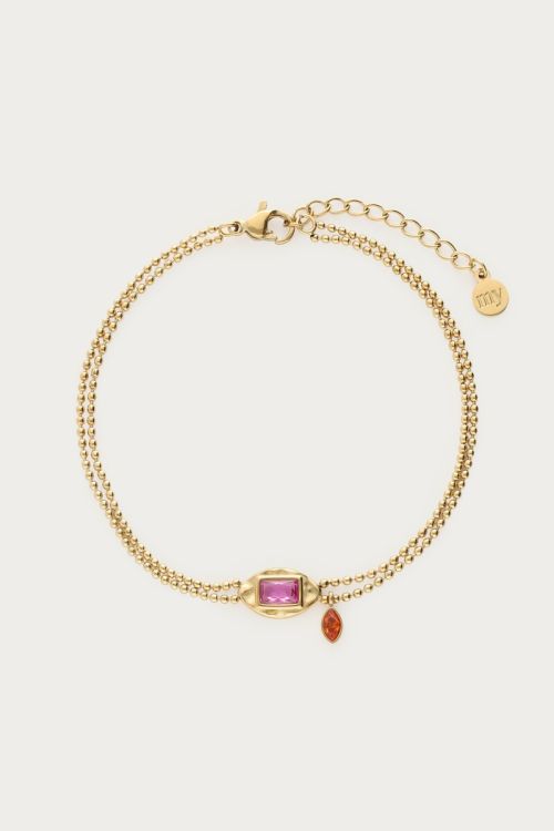 Vintage dubbele armband met roze strass steen - My Jewellery
