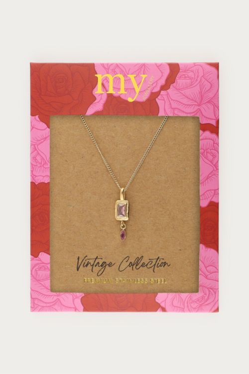 Vintage ketting met vierkante licht roze strass steen - My Jewellery